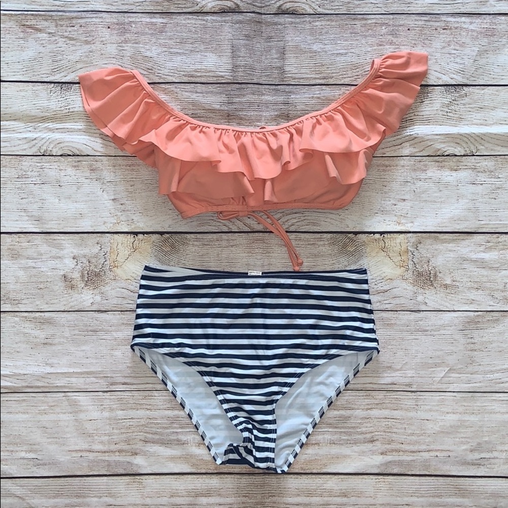 Coral and Navy Striped Biniki - NWOT